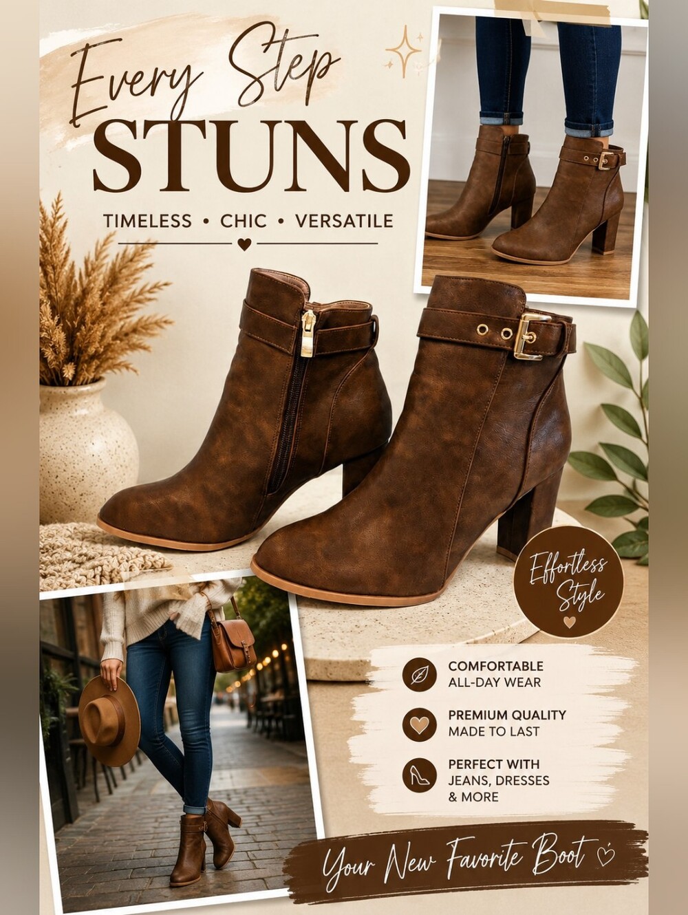 Women's Brown Block Heel Ankle Booties Buckle Zip